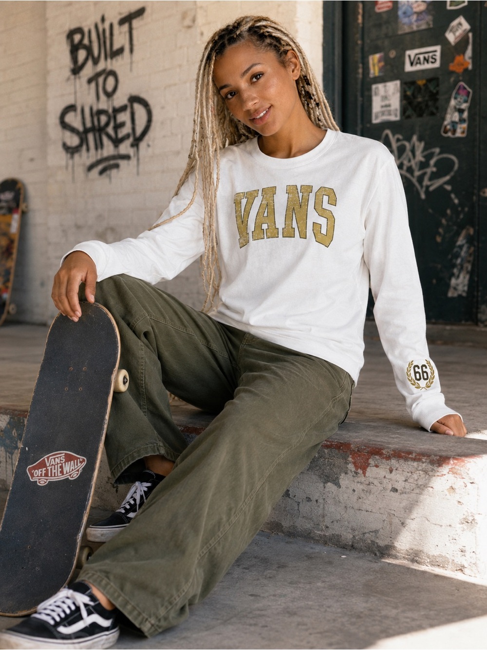 Vans Crest Logo Long Sleeve T-Shirt Women’s Medium White Vintage Tan Graphic